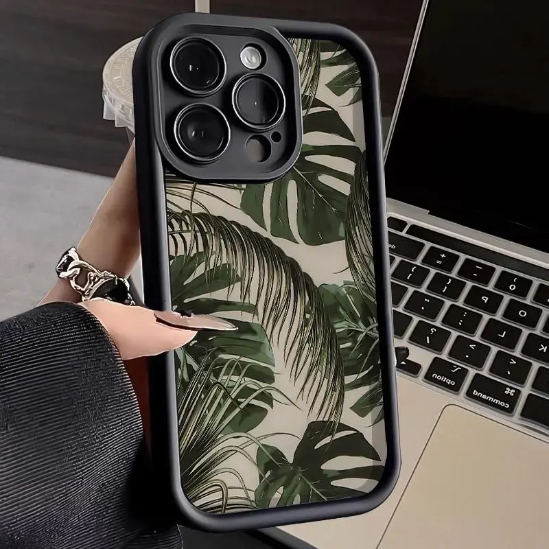 Neutral Tropical Monstera Palm Leaf Phone Case|Minimal Boho Jungle Green Plant Brown Frame Phone Cover For iPhone 17 Pro Max 16 15 14 13 mini 12 mini 11 for Samsung S21 S22 S23 S24 S25 S26 Phone Case