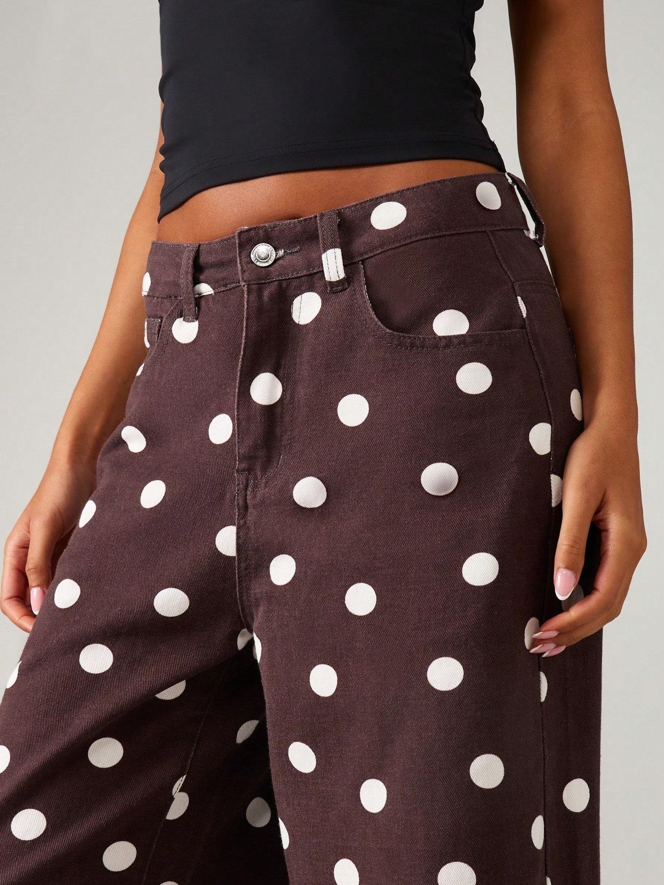 Women's Casual High-Waisted Stretch Polka Dot Straight-Leg Jeans with Pocket, High Waisted Retro Style Jeans, casual and versatile, vintage burgundy