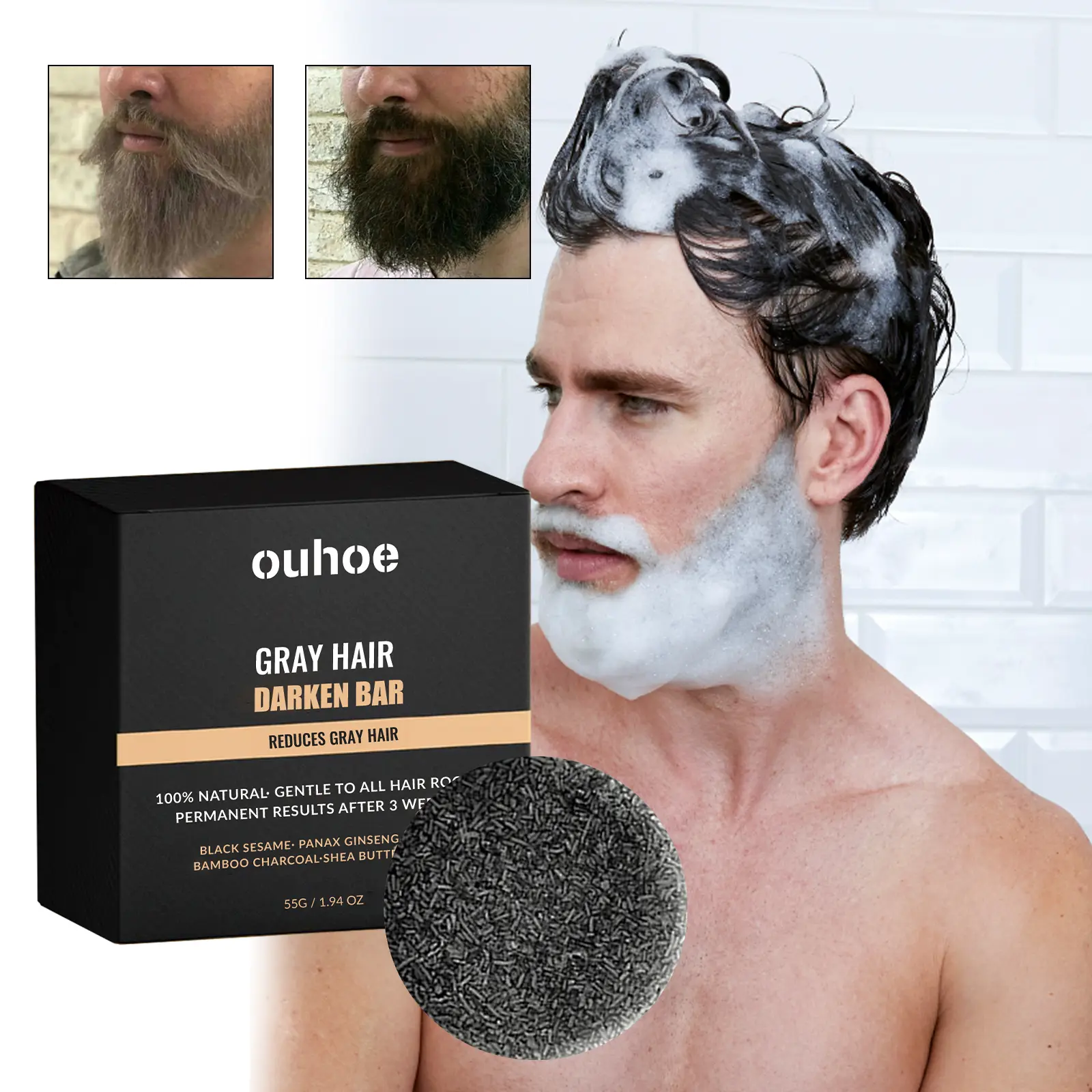 OUHOE Black Hair Soap for Gray Hair, Gradual Darkening Shampoo Bar for Hair & Beard with Glycerin, Ginseng, Charcoal & Shea Butter, Travel-Friendly Solid Bar, 55g / 1.94 oz