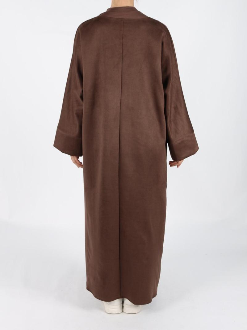 Women's Solid Long Sleeve Open Front Suede Coat, Elegant Long Sleeve Pocket Design Long Coat for Fall & Winter, Women's Islamic Clothing for Daily Wear, Modest Muslim Outfits