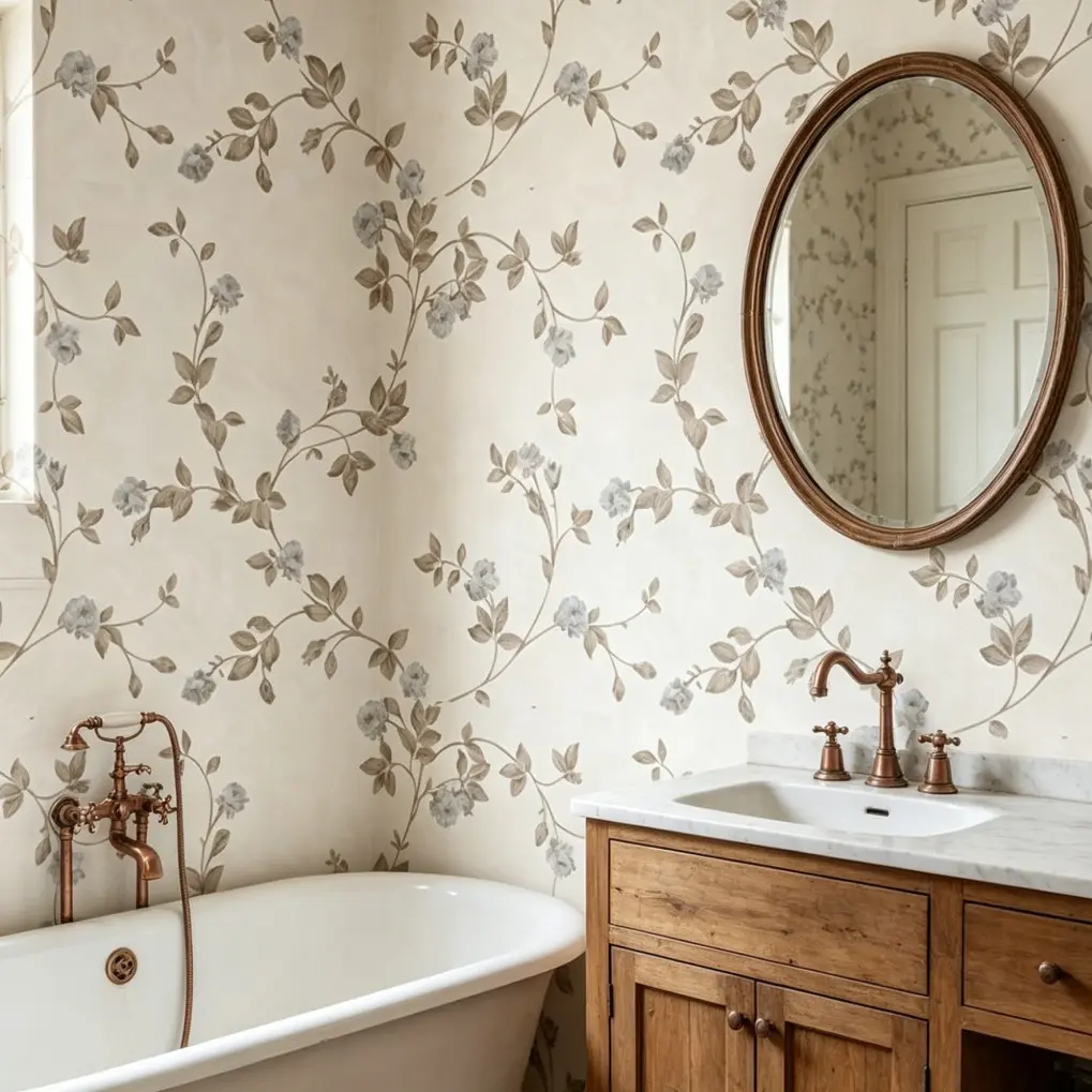 Vintage Neutral Trailing Rose Wallpaper, Accent Wall Peel and Stick Floral Mural for Bathroom Bedroom Living Room Interior Walls, Home Decor Gift