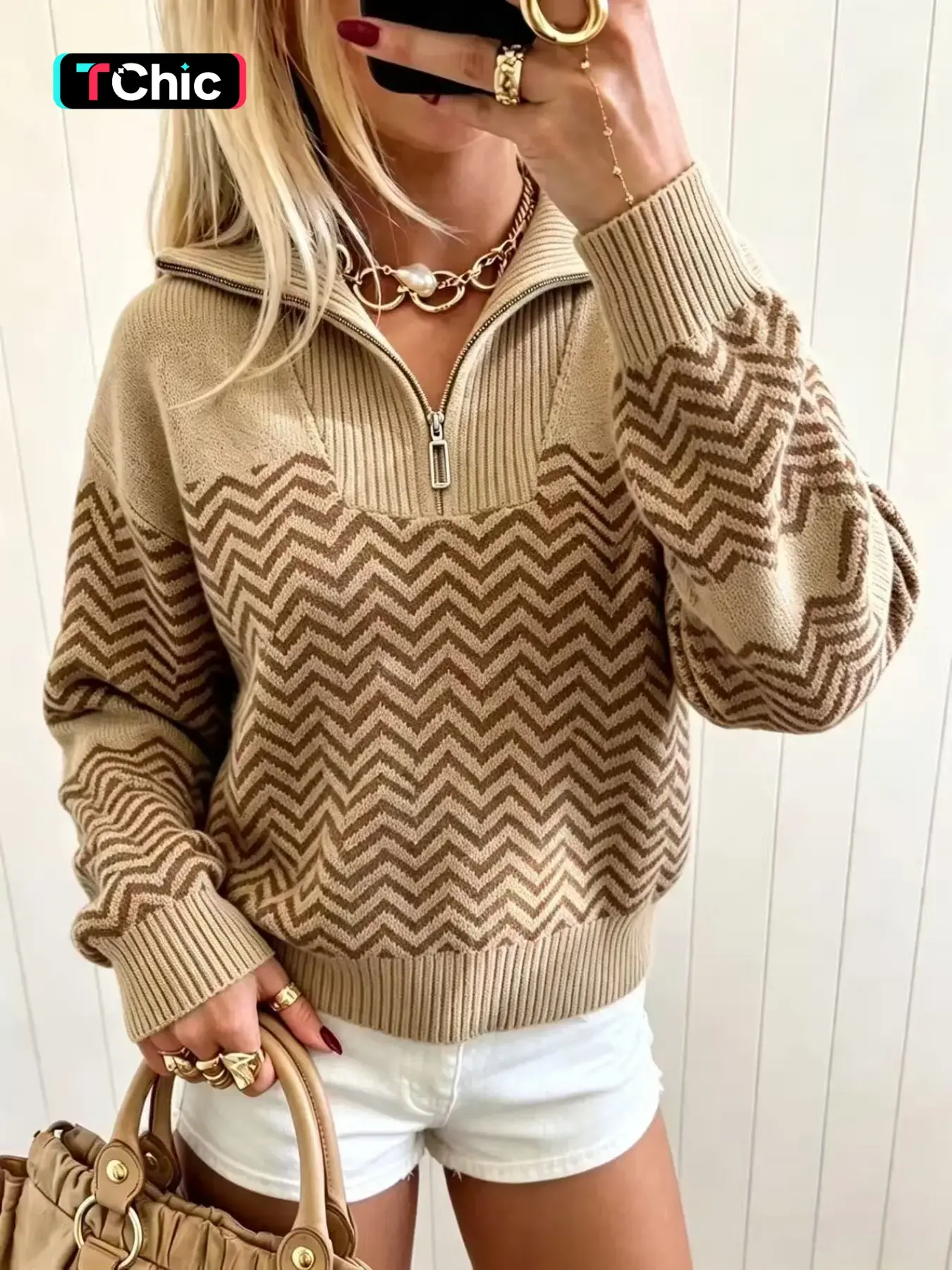 Women's Striped Print Zip Up Drop Shoulder Sweater, Casual Long Sleeve Jumper for Fall & Winter, Fashion Ladies' Knitwear for Daily Wear