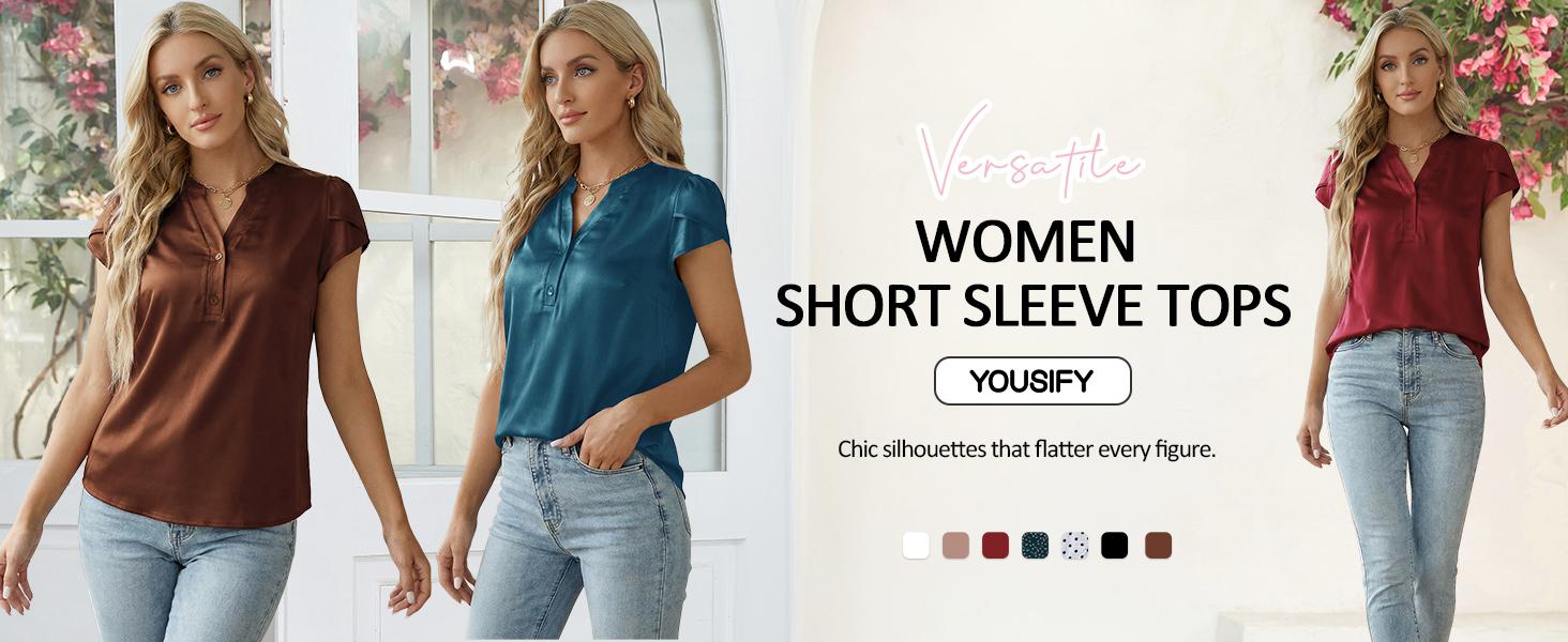 Yousify Women Satin Blouse for Women Business Work Tops Casual Cap Sleeve V Neck Button Down Shirts Yousify Women Satin Blouse for Women Business Work Tops Casual Cap Sleeve V Neck Button Down Shirts