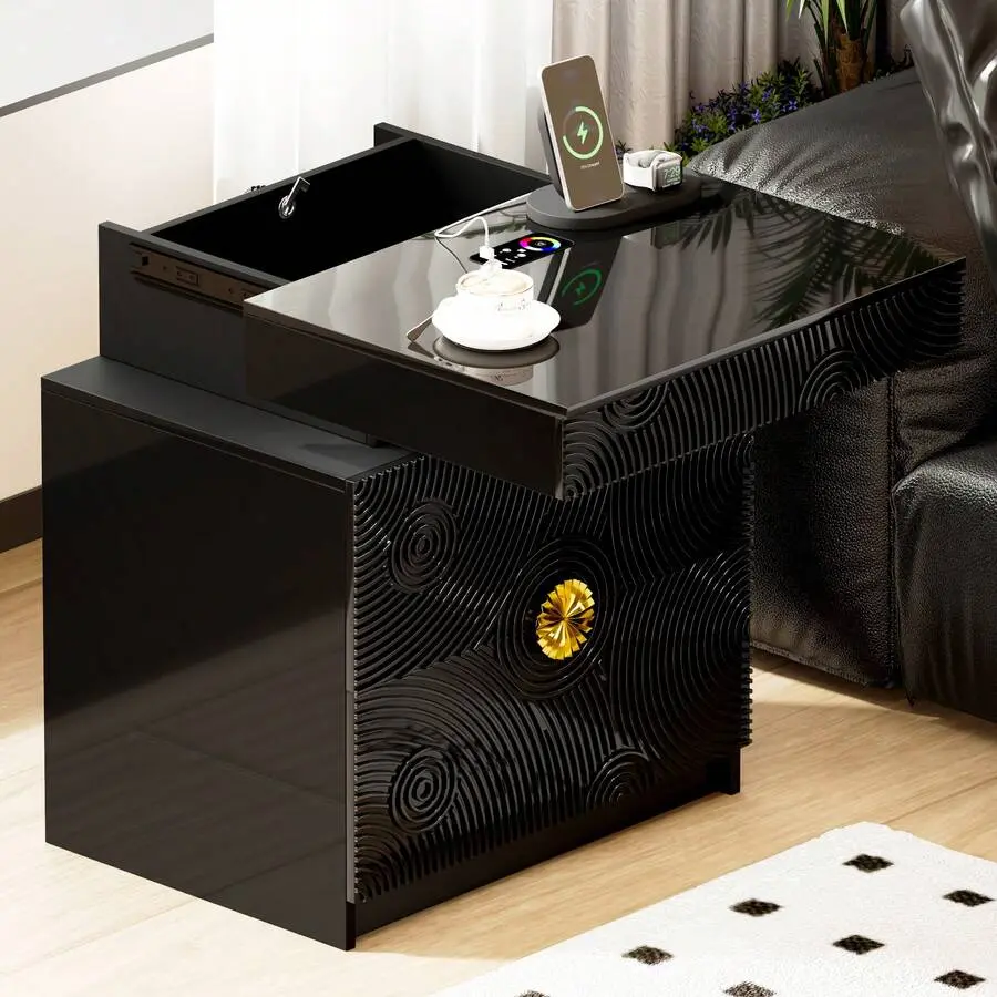 Black Bedside Table - 3-Drawer Nightstand with Lock Drawer, Hidden Compartment, 24-Color LED Lights, Charging Station, Glass Top, Adjustable Mobile Multi-Port Indoor Furniture (for Bedroom, Entryway)