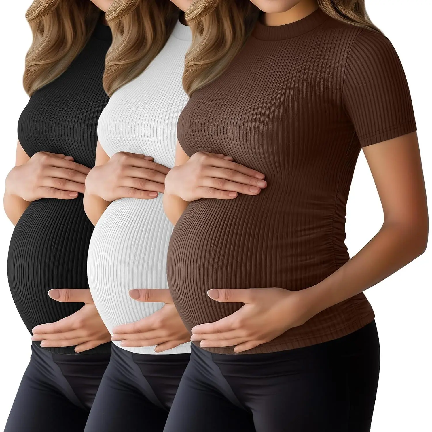 3 Pack 92%  Ribbed Maternity T-Shirts for Women, Mock Turtleneck Side Ruched Slim Short Sleeve  Tops