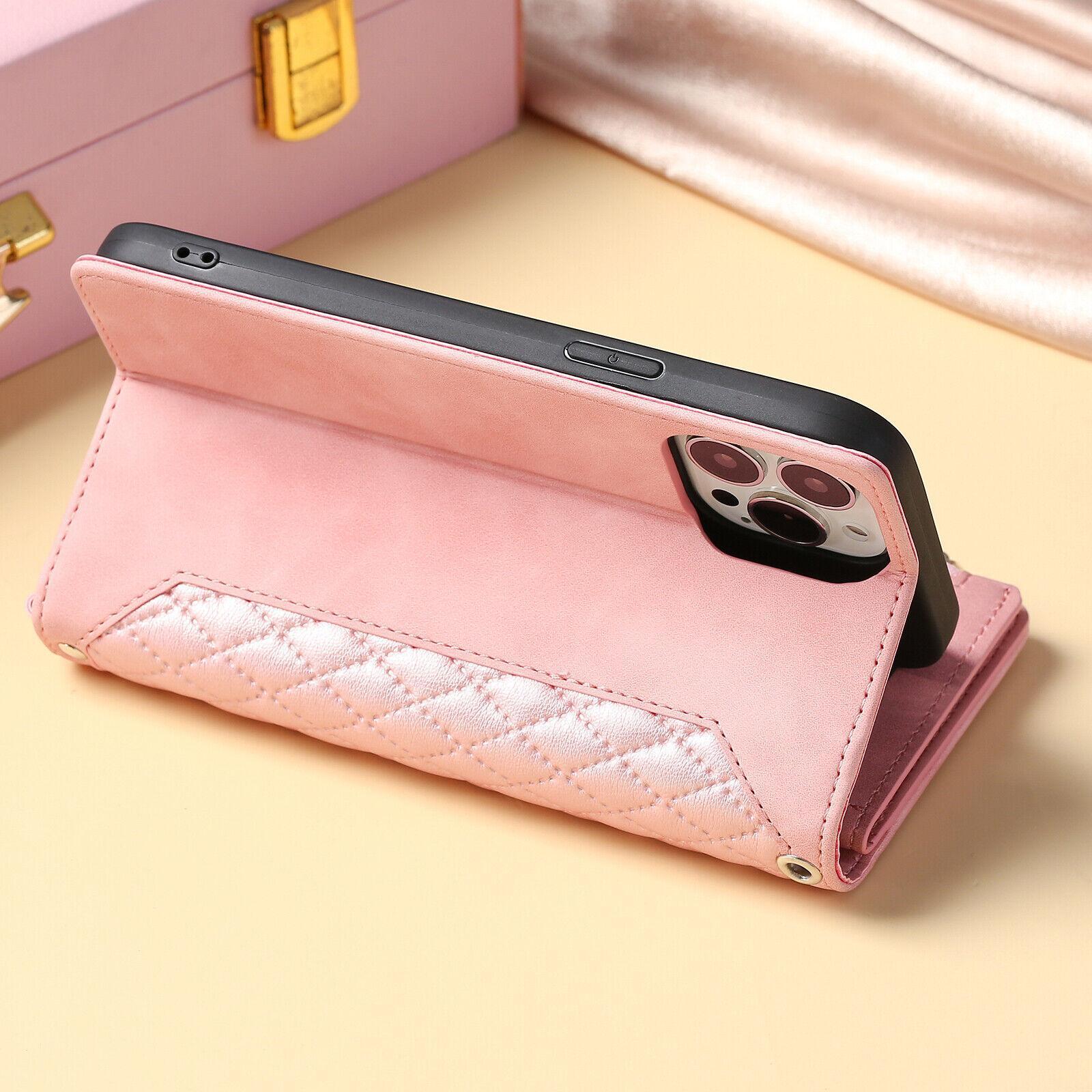 Crossbody Wallet Case For iPhone 17 16 Pro Max 15 14 Plus 13 12 Leather Phone Case with Card Holder Kickstand & Wrist Strap Cover Magnetic Closure Flip Handbag Zipper Purse Shell for Women