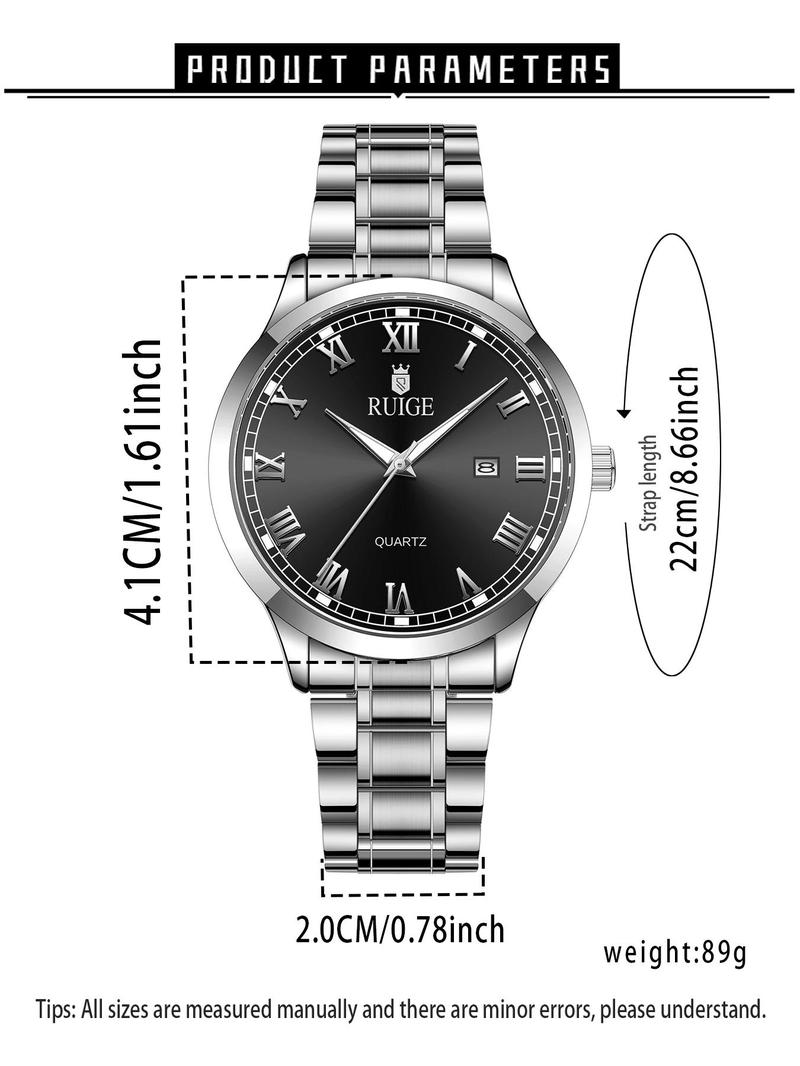 Men's Business Fashion Round Dial Analog Quartz Watch, Stainless Steel Luminous Waterproof Quartz Watch, Classic Fashion Watch with Calendar, Trendy All-match & Exquisite Watch for Birthday Gift with Box, Stainless Steel Watches