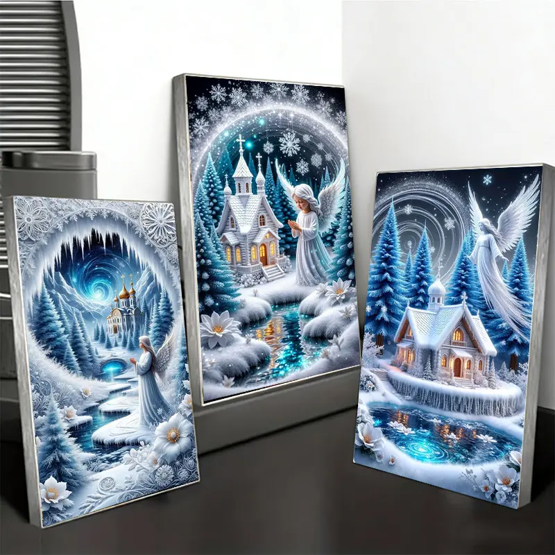 5D Diamond Painting Kit, Winter Snow Angel Church Frozen Forest Scenery, Holy Ice‑Blue Night Landscape Diamond Art for Adults, Round & Square Drills Available, DIY Winter Home Wall Decor Gift
