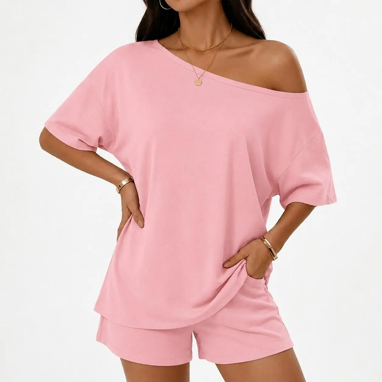 Women’s Summer Casual 2 Piece Set, Loose Off Shoulder T Shirt and Shorts Lounge Outfit, Cute Everyday Wear