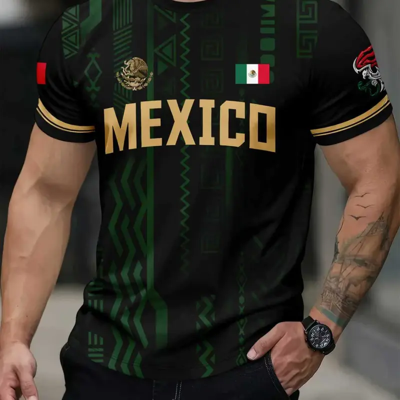 Men's Mexican Aztec Geometric Print Round Neck Short Sleeve T-Shirt, Breathable Casual Streetwear Looks Style Top, Loose-Fitting Summer T-Shirt
