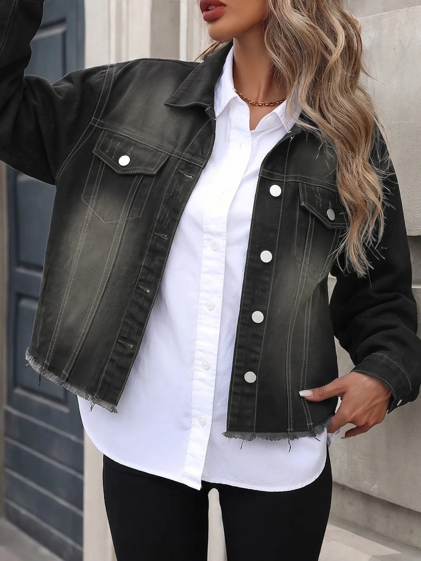 Women's Solid Distressed Ripped Denim Jacket, Loose Oversized Fit, Casual Y2K Streetwear, All Seasons, Daily Wear, Shopping, Concert, Date