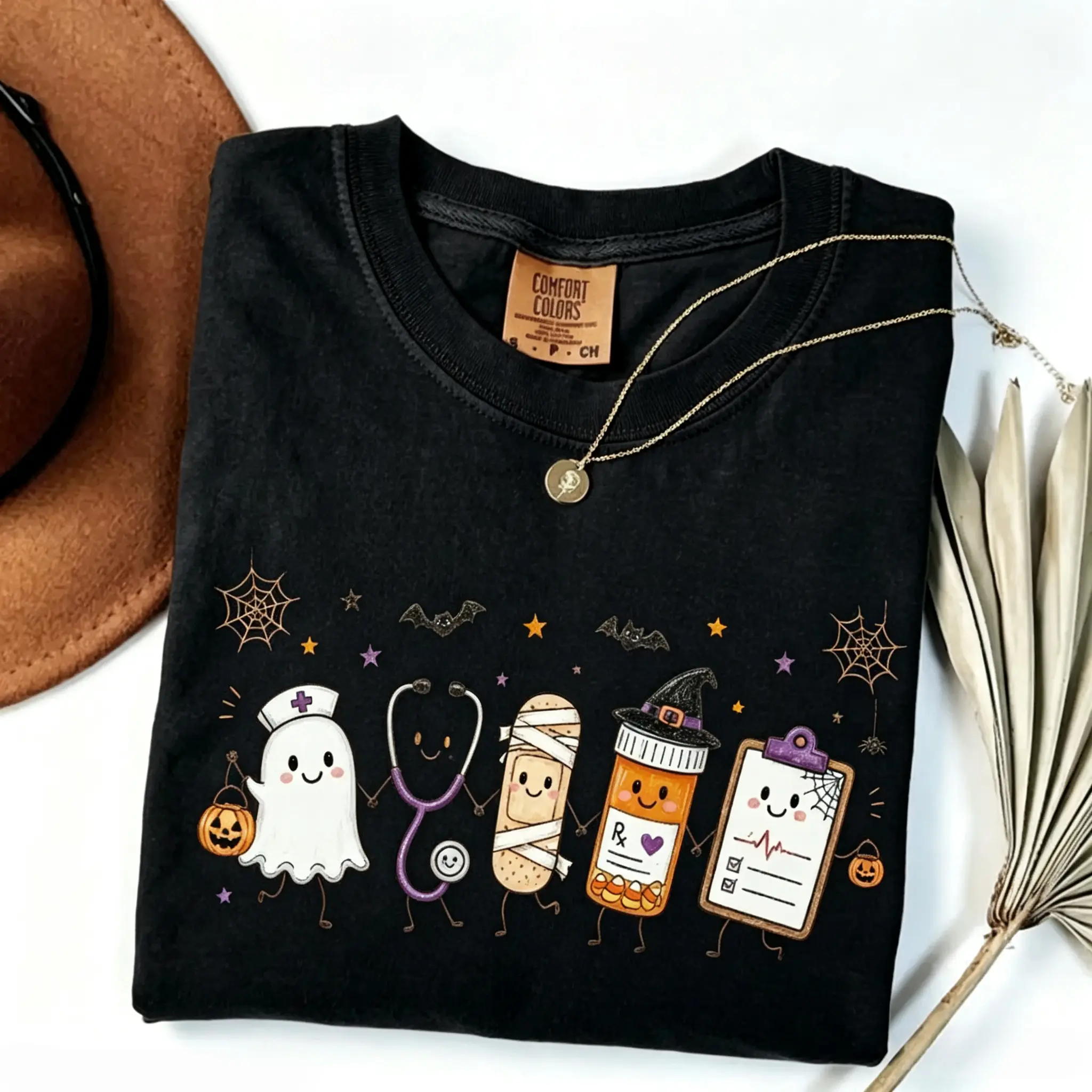 Halloween Nurse Doodle Shirt, Ghost Nurse Life Graphic Tee, Stethoscope Mummy Pill Bottle Medical T-Shirt