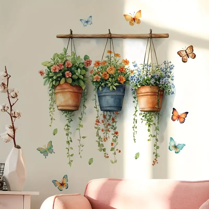 Classic Realistic Potted Plant Wall Sticker, Colorful Floral Butterfly Decal, Removable PVC Wallpaper for Living Room, Bedroom, Kitchen, Dining Room
