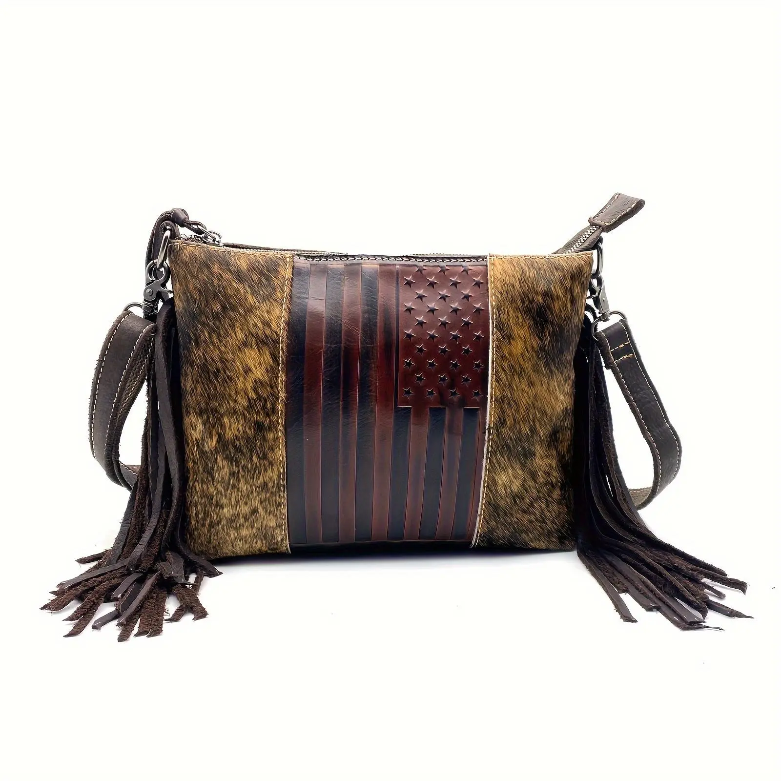 Western American Flag  Design Shoulder Bags Women's Full Grain Leather Vintage Horsehair Handbag Genuine Leather Fringe Purse Tassels Crossbody Messenger Bag, Gift For Wife Ladies