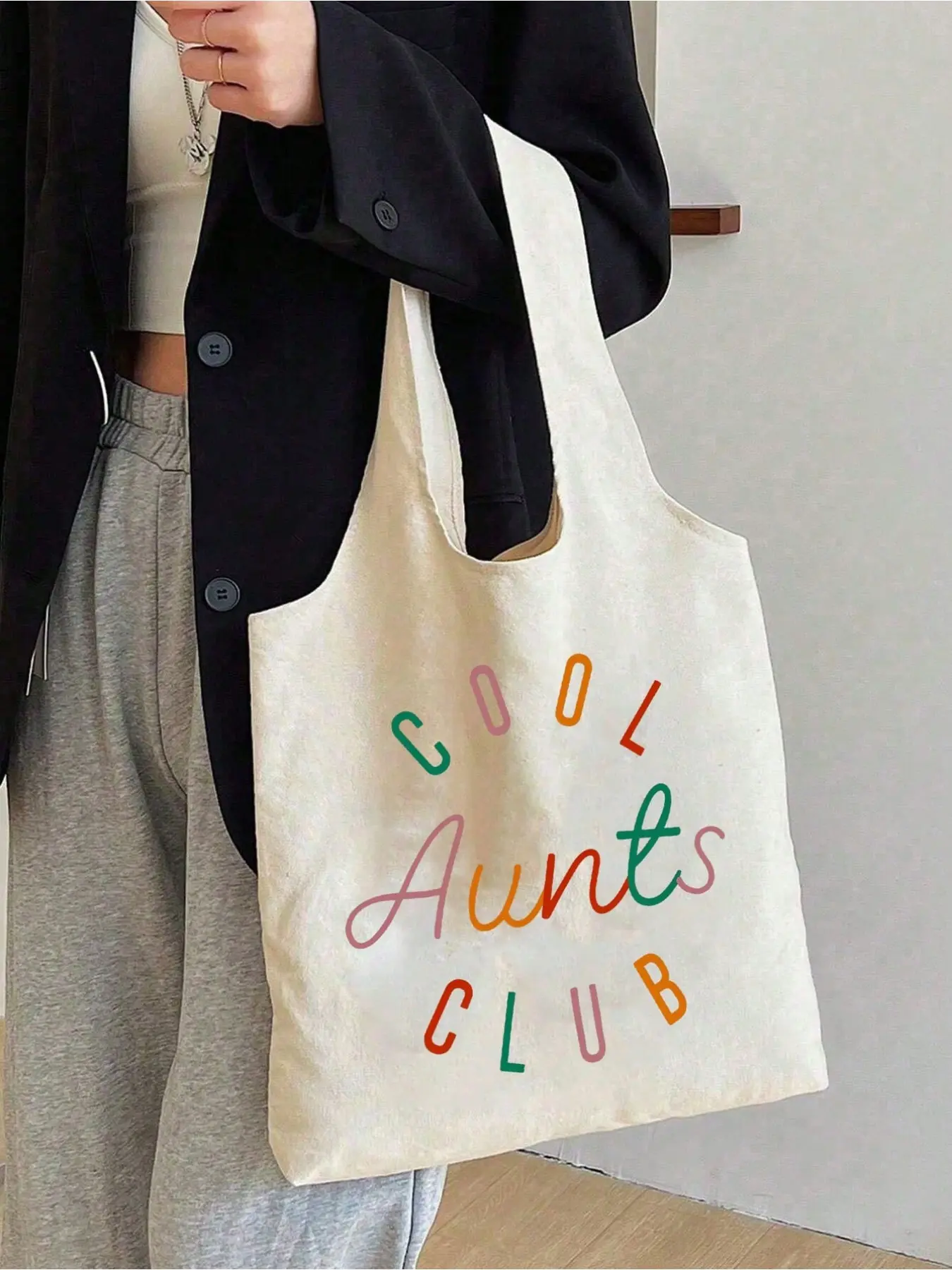 "Auntie Cool Club" Print Canvas Tote Set Lightweight foldable unisex bag, multi-use as shoulder bag, makeup pouch, travel storage and shopping bag