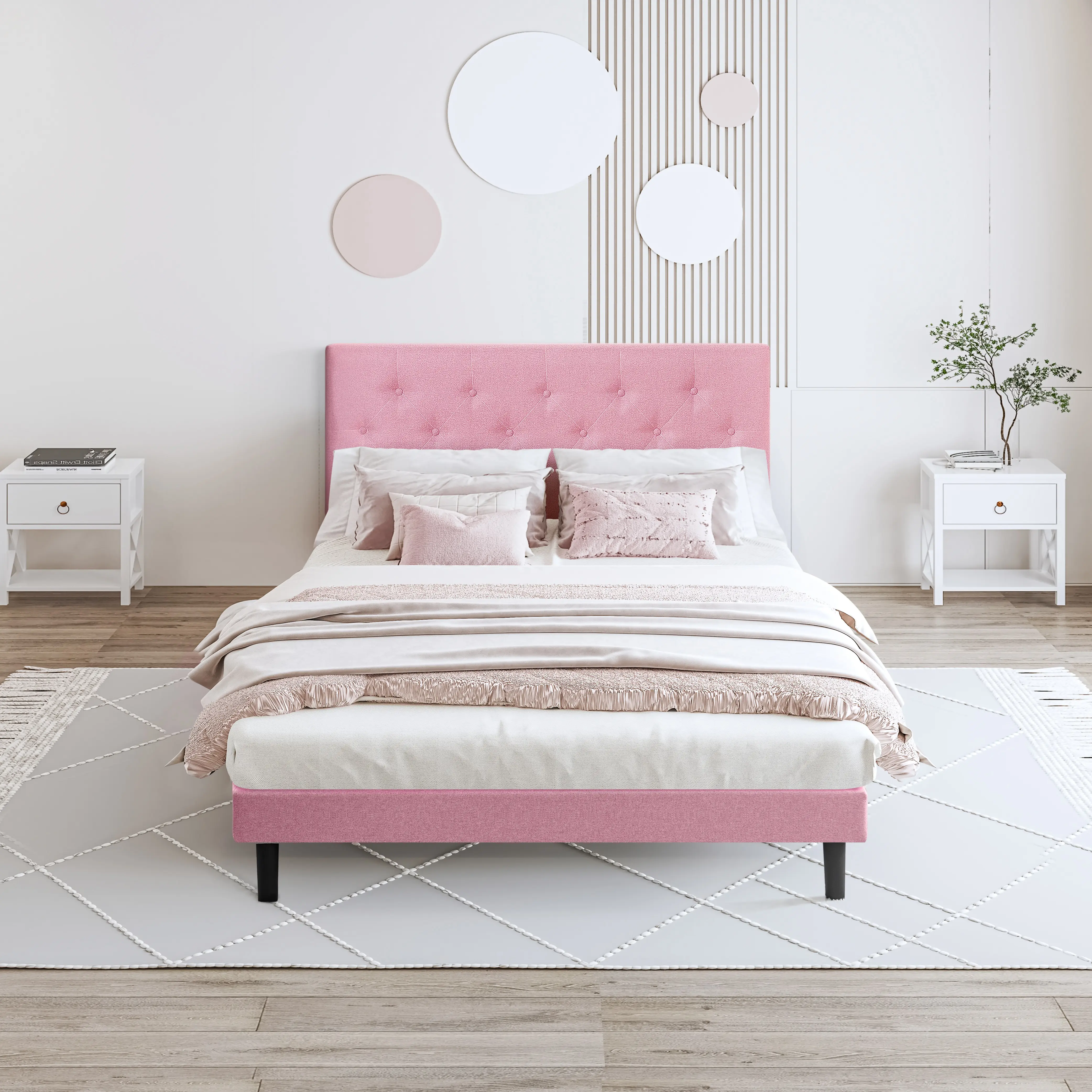 ARCH Full Size Upholstered Platform Bed Frame with Modern Button Tufted Linen Fabric Headboard, No Box Spring Needed, Wood Slat Support, Easy Assembly, Pink Bed Frame for Bedroom, Sturdy Frame, Bedroom Furniture for Bedroom, Guest Room, Kids Room