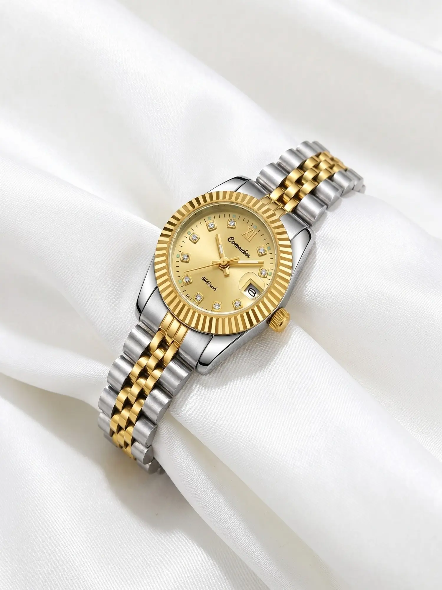 Two Tone Ladies Quartz Watch Fluted Gold Bezel Small Silver Gold Case Gold Sunray Dial Diamond Roman Index Five Link Steel Bracelet 30M Waterproof Luxury Lady Wristwatch Gift For Women