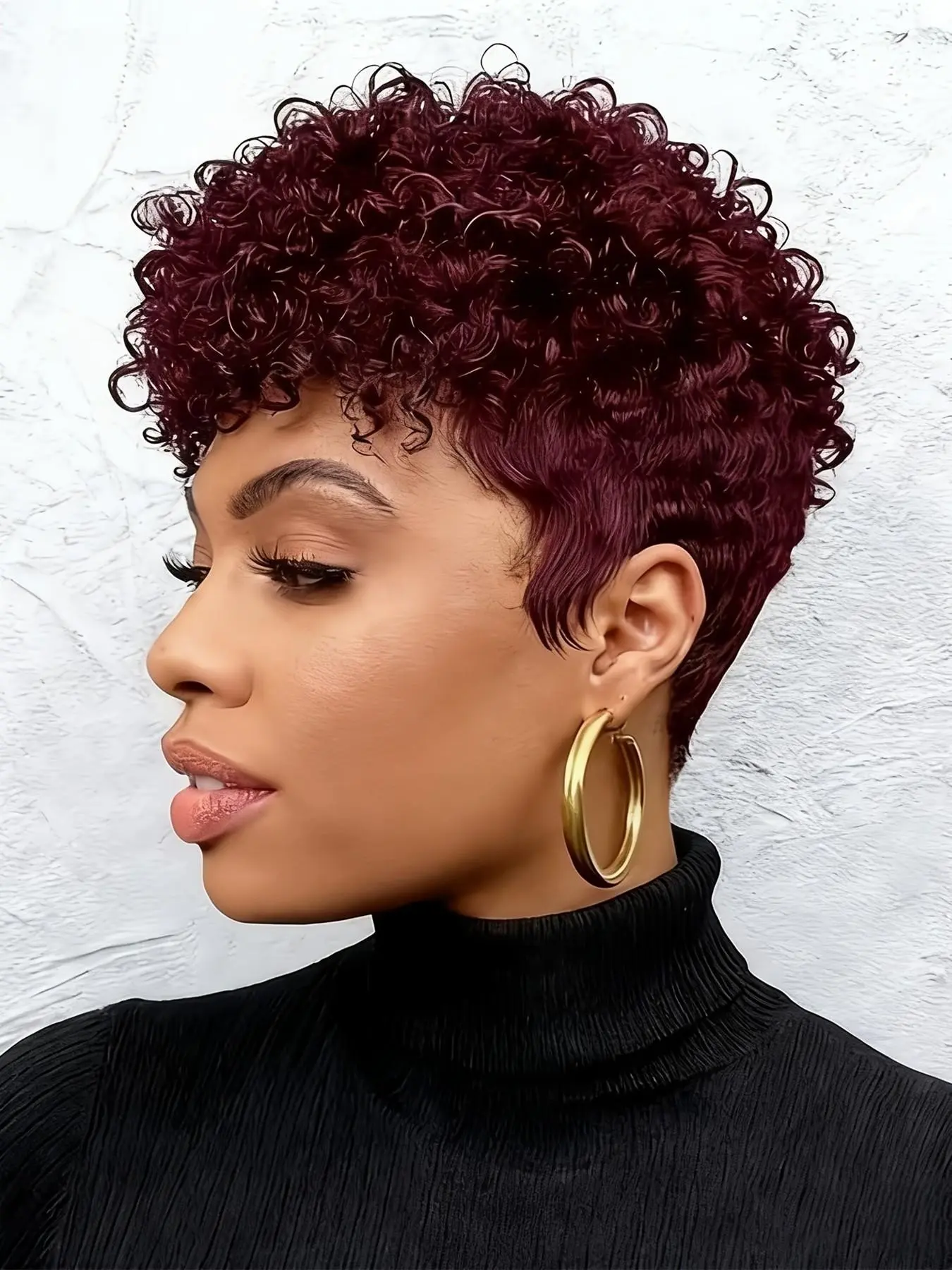 Short Daily Party Cosplay Human Hair Wig Pixie Cut, Burgundy Color Short Curly Pixie Cut Machine Made True Scalp Wig for Women