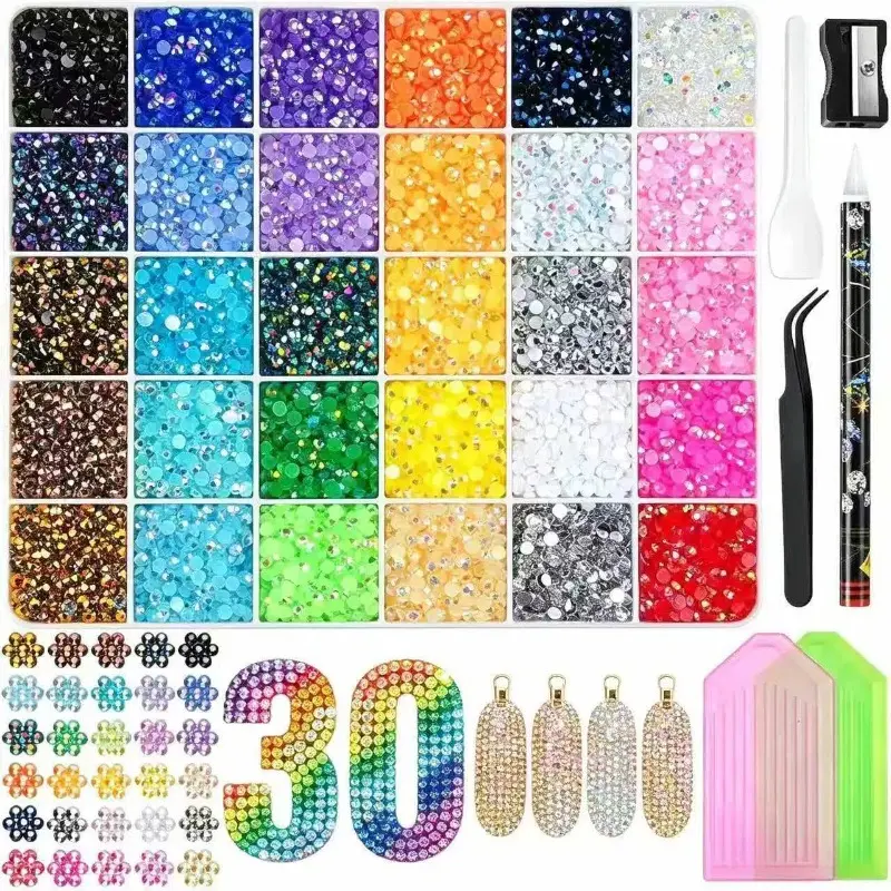 40,000 pieces of 30-color jelly resin rhinestones, used for the colorful handmade set. 3mm multi-color flat-backed gemstones, suitable for diamond art creation. Includes a tool kit.
