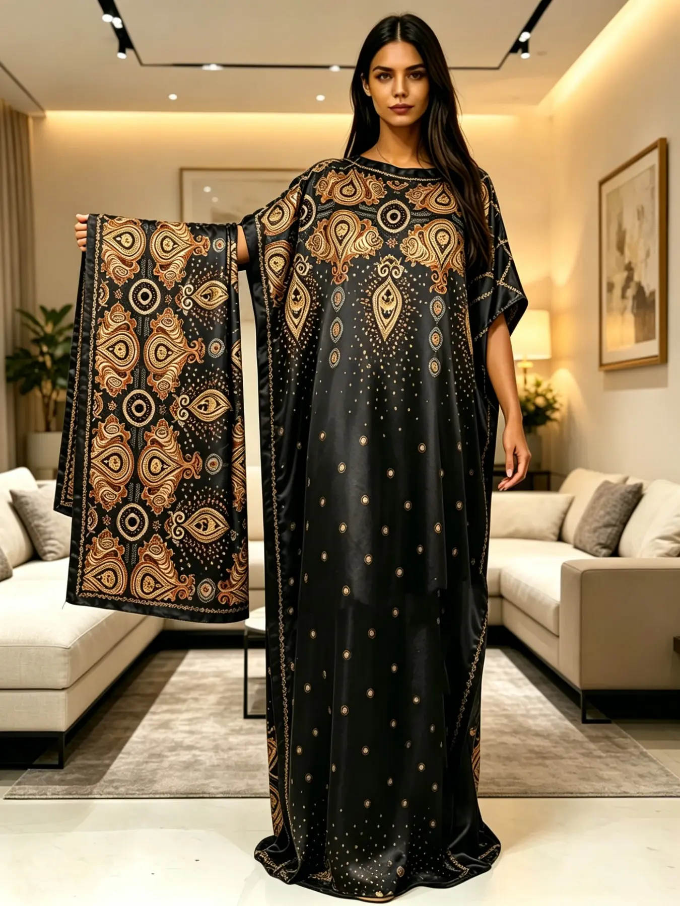 Women Plus Size Long Breathable Kaftan Sleep Robe 2Pcs Set, Black Ethnic Golden Paisley Print Caftan Dress with Matching Headscarf, Oversized Silky Loungewear for Beach & Daily Home Wear, Muslim Kaftan Dress, Casual Kaftan Dress