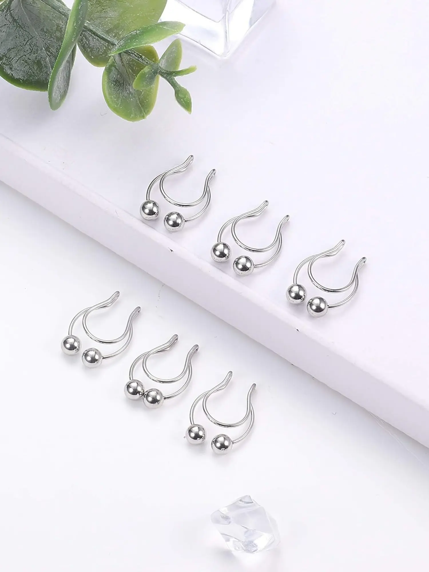 6 Pcs Simple Punk Layered Nostril Accessory for Unisex Urban Street Styling Silvery Double Ball Horseshoe Fake Septum Stainless Steel Piercings Hollow U-shape Clip-on Nose Cuffs Gentle Simple Silhouettes Ideal for Daily Casual Wear Hip-hop Outfit