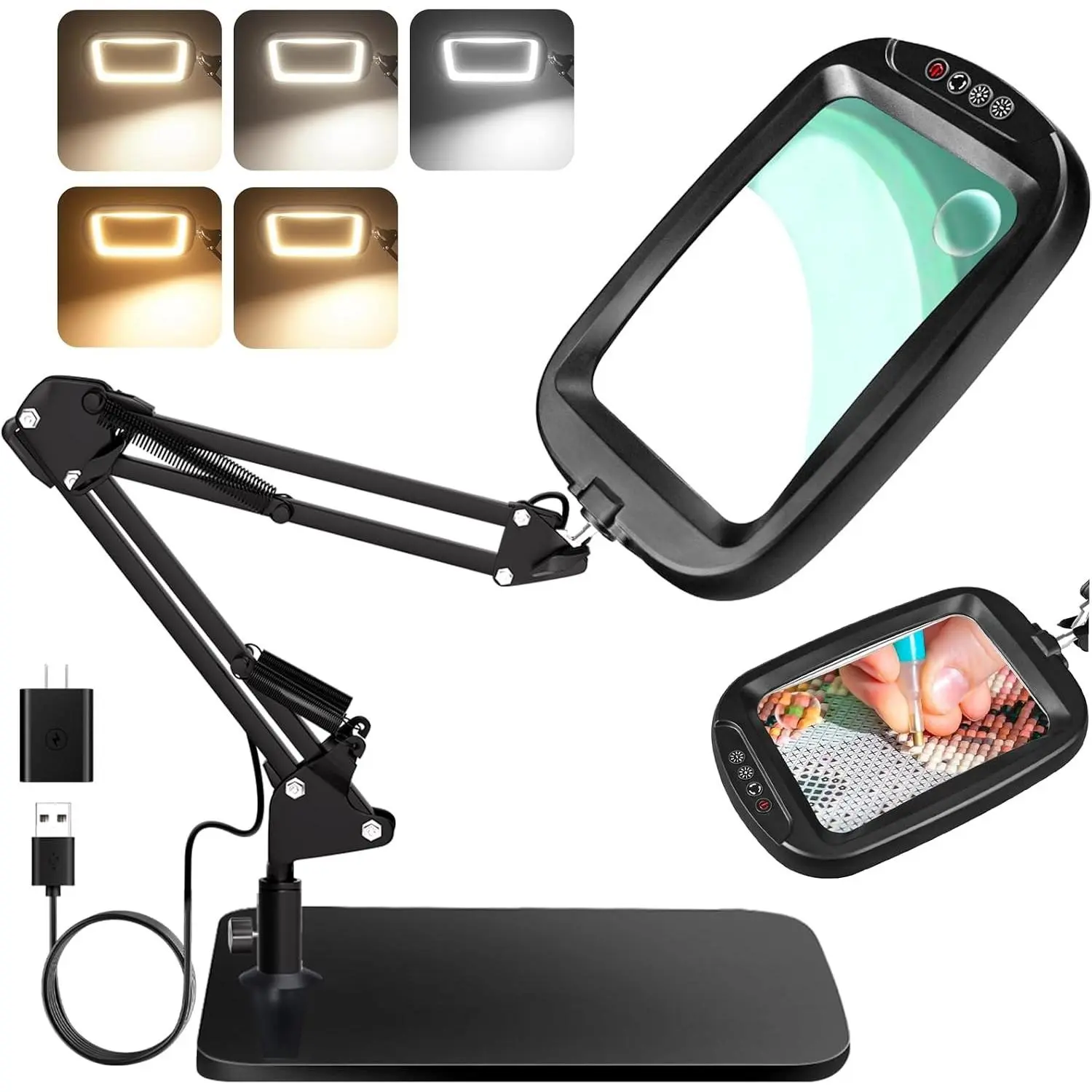 10X 30X Extra Large Magnifying Glass with Light and Stand, 7-Inch Rectangle Hands-Free Magnifier Desk Lamp, 5 Color Modes Dimmable LED Lighted Magnifier for Reading, Craft, DIY, Close Work