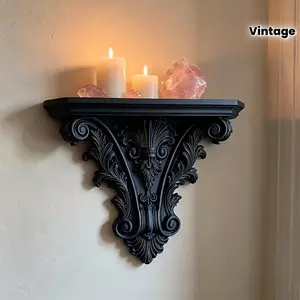 Vintage Gothic Relief Wall-Mounted Shelf, Off- Wall Decor, Dark Style Storage Rack, Handmade Candle Display, Rococo Carving Design