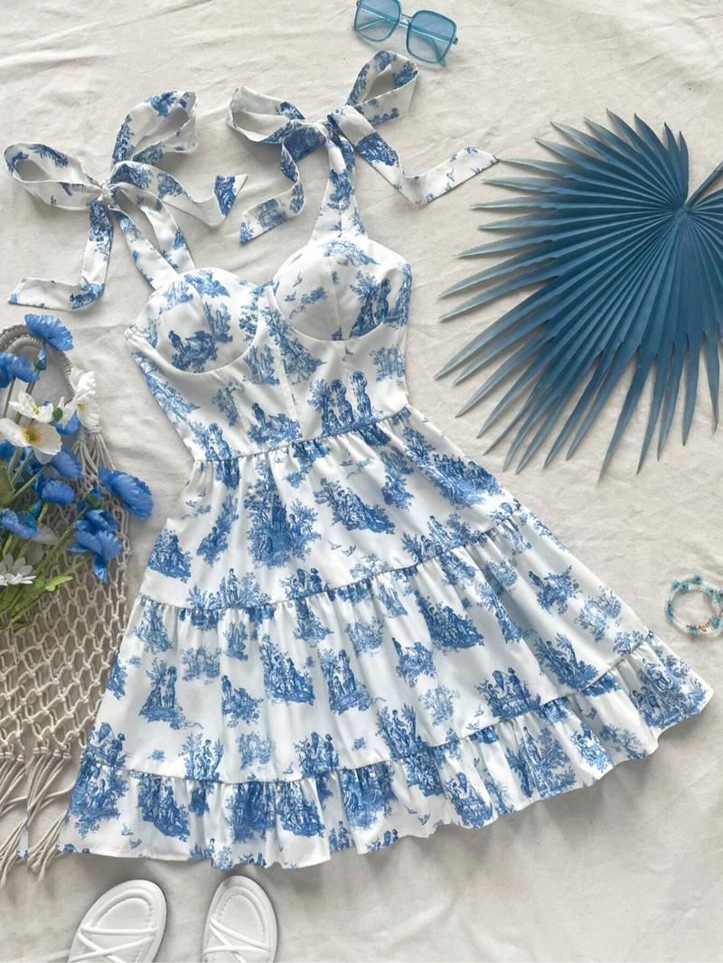 Women's Ditsy Floral Print Tie Shoulder Cami Dress, Elegant Casual Ruffle Trim Sleeveless A Line Dress for Summer, Ladies Clothes for Beach Holiday, Boho Sleeveless Dress