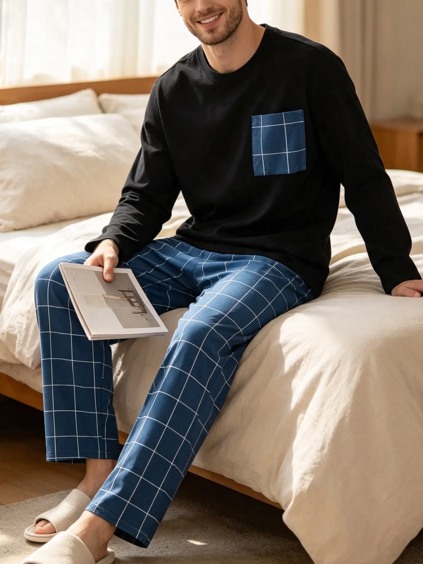 Men's 2-Piece Loungewear Pajama Set, Solid Black Crew Neck Long Sleeve Top With Blue Grid Patch Pocket & Blue White Grid Straight Pants, Minimalist Casual Style, Soft Breathable Fabric For Men Home Sleep Wear