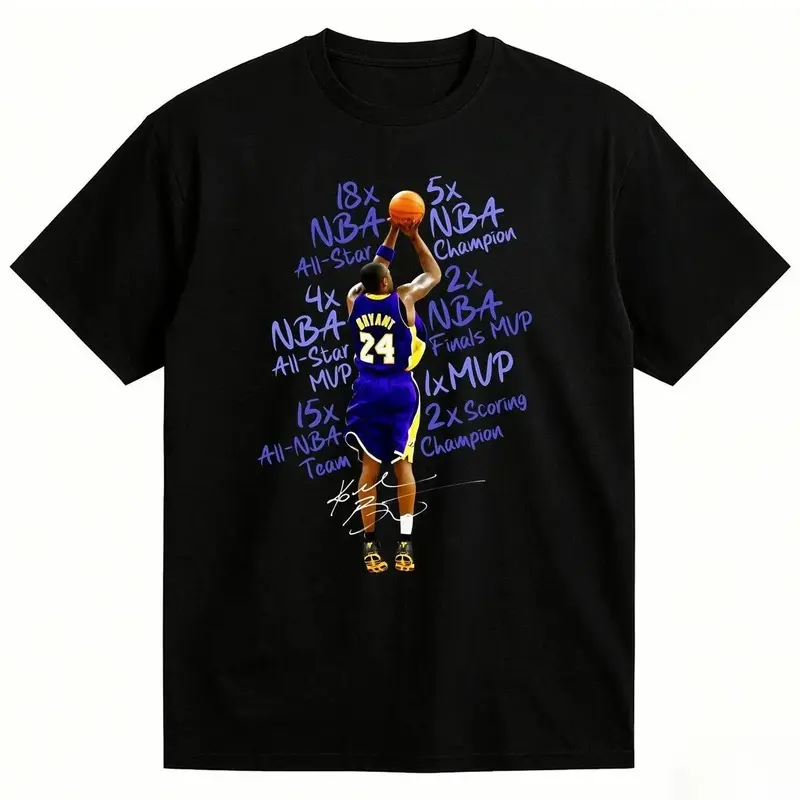 Kob.E Bryant |   Artistic Lakers Basketball Print Classic T-Shirt |   Popular Classic Apparel For Kobe Fans |   100% Cotton Printed Crew Neck Unisex Short-Sleeve T-Shirt |   European And American Fashion Brand Printed Base Layer Shirt