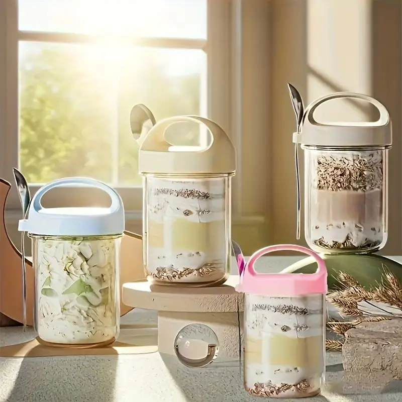 Portable Glass Yogurt Cups, Large Mouth Sealed Jars, Overnight Oatmeal Bowls, Smoothie Cups, Multi-Grain with Spoon, Simple Breakfast Cup, Halloween Christmas Gift, Overnight Oats Jars