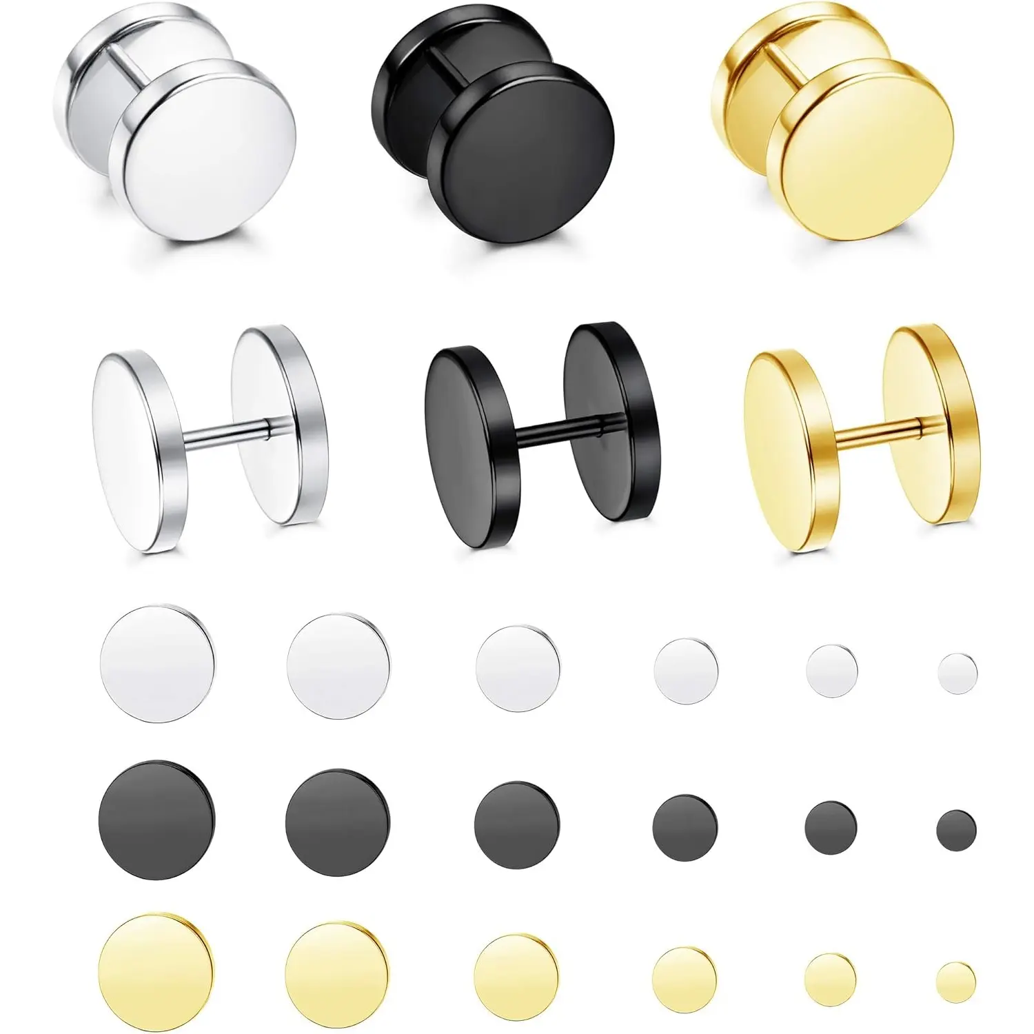 FUNRUN Udalyn 18 Pairs Stainless Steel Flat Stud Earrings Set for Men Women Faux Gauges Ear Tunnel Piercing Screw Earrings Silver Black Gold-Tone 5-10mm DealsForYouDays