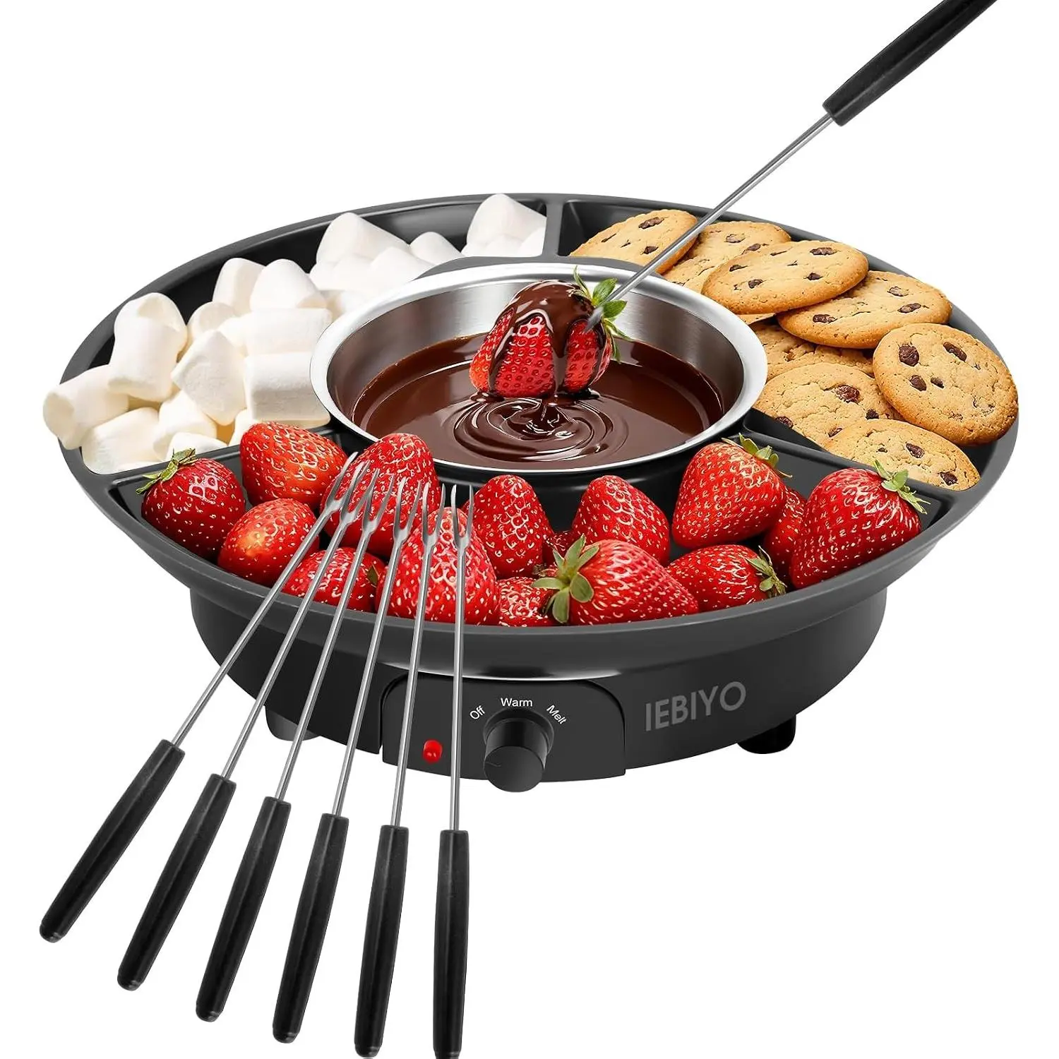 Chocolate Melting Pot Electric Chocolate Fondue Set with 6 Forks | 3-Section Food Trays with 6pcs Dipping Forks Perfect for Chocolate Housewarming Christmas Party Gifts (Black)