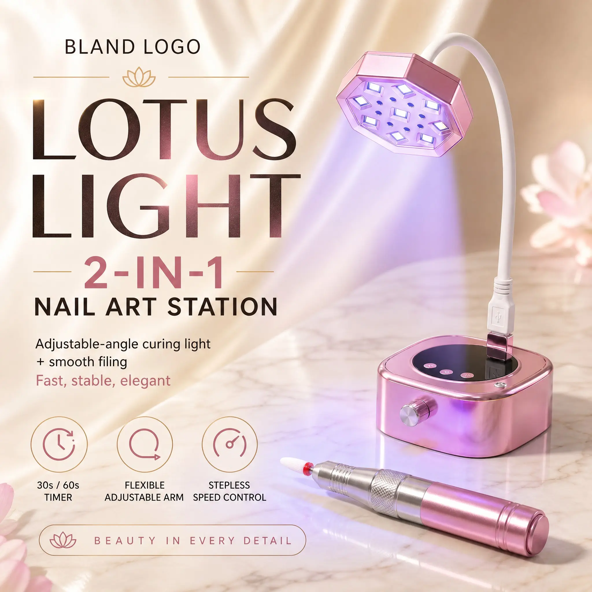 Lily Nail Lamp, Hands-Free Nail Drying, Adjustable Angle, 30s/60s Timer, Smooth Operation, High Power, Easy Storage, LCD Display