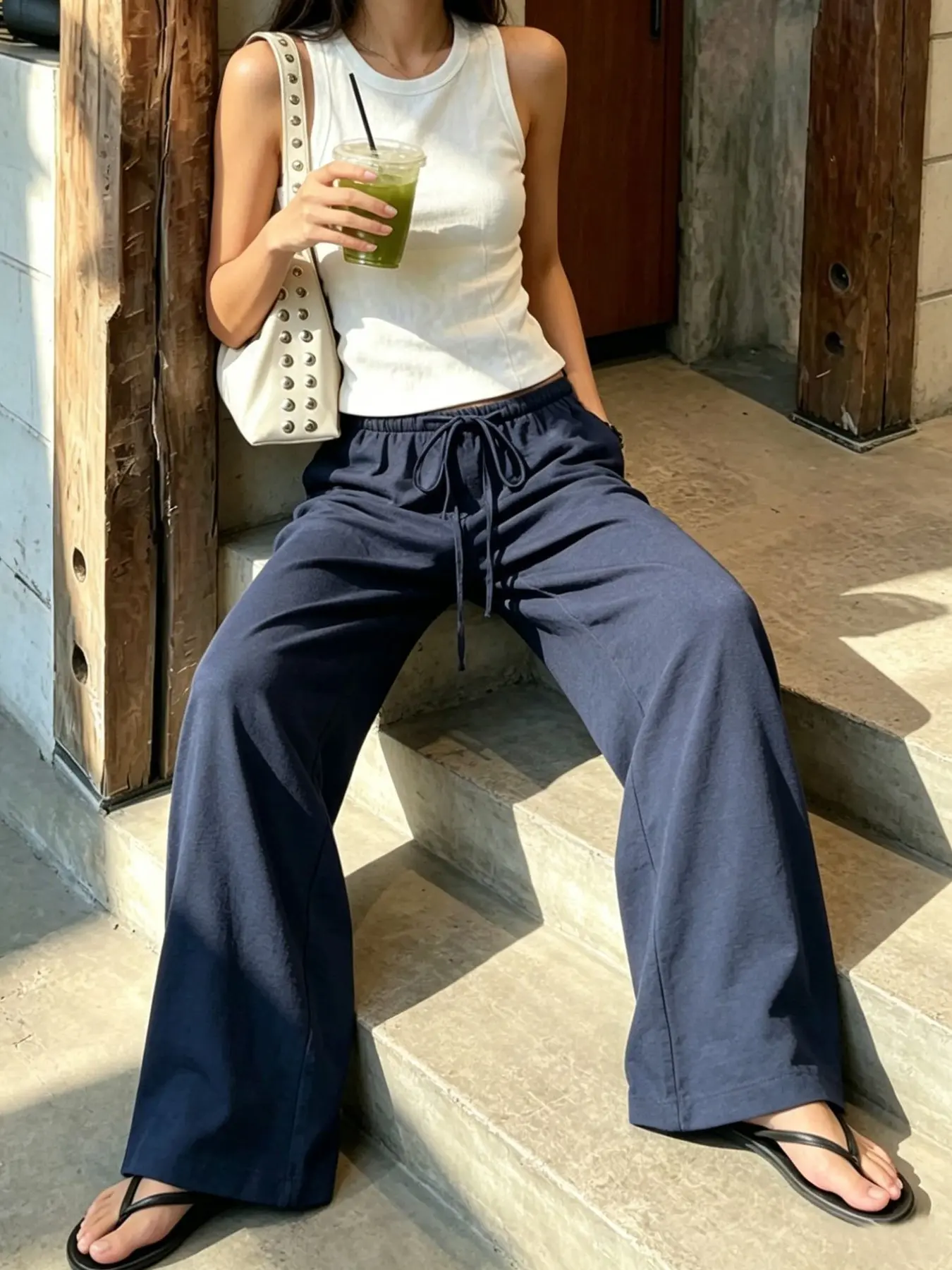 Women's Navy Drawstring Wide Leg Pants, Loose High Waist Cotton Linen Long Pants, Casual Office Wear, Summer Breathable Fabric