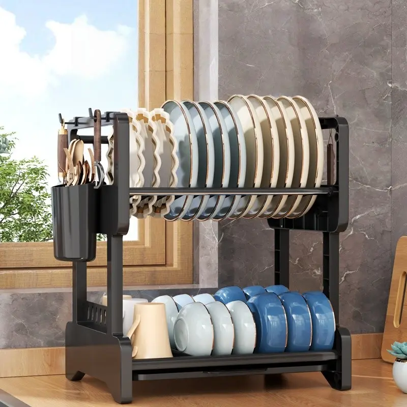 Multifunctional Bowl Dish Rack, Countertop Drainage Holder, Pull-Out Tray, Snap-On Design Easy Installation, PP Carbon Steel Material