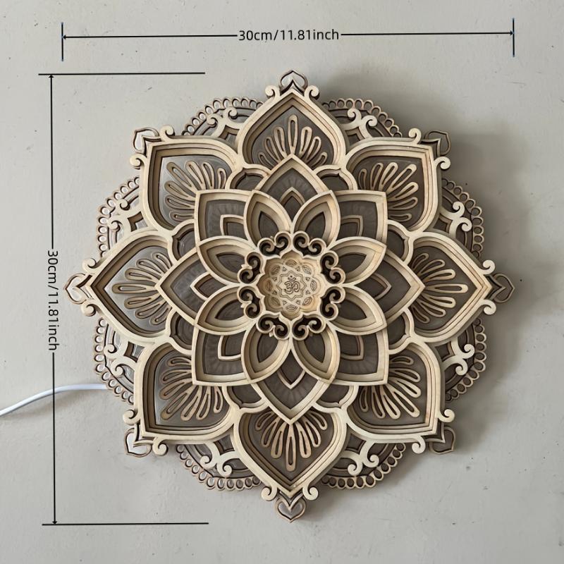 1pc Multi-Layer Wooden Mandala Yoga Room Lotus-Shaped LED Night Light for Living Bedroom Bathroom Kitchen Wall Decoration Decorative