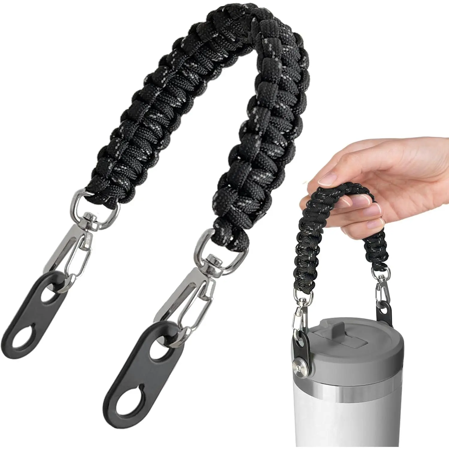 HydroCord 3.0 S Paracord Handle for  Tumblers, Black |  Handle and Clips, Fits Iceflow Flip Straw Tumblers, Screw- Wide Mouth Bottles,  Strap Included