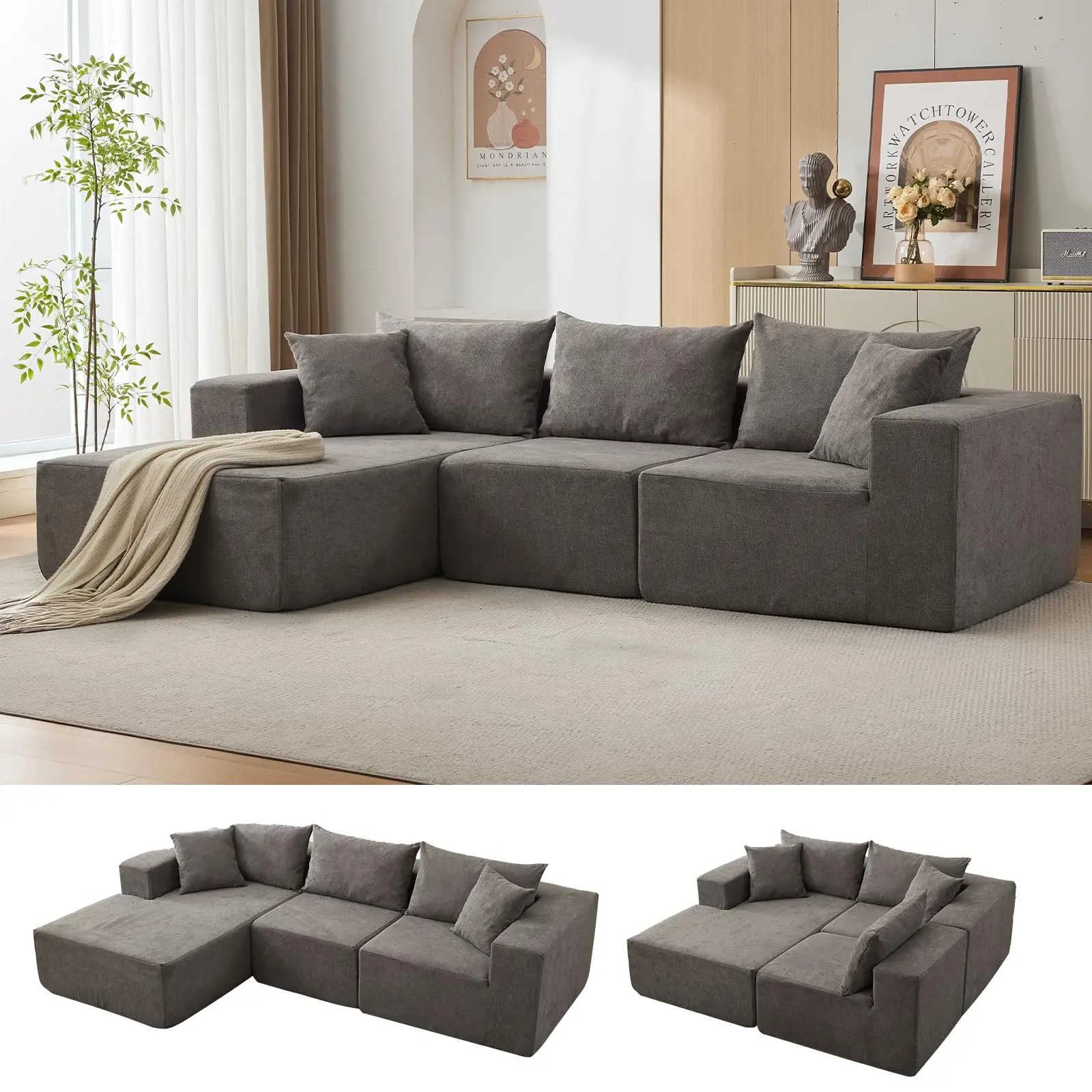 Modular L-Shaped Corduroy Sectional Sofa with Cloud-Like Fluffy Compressed Cushions, Corner Chaise Lounge, Comfy Couch for Living Room, Modern Modular Sectional Couch