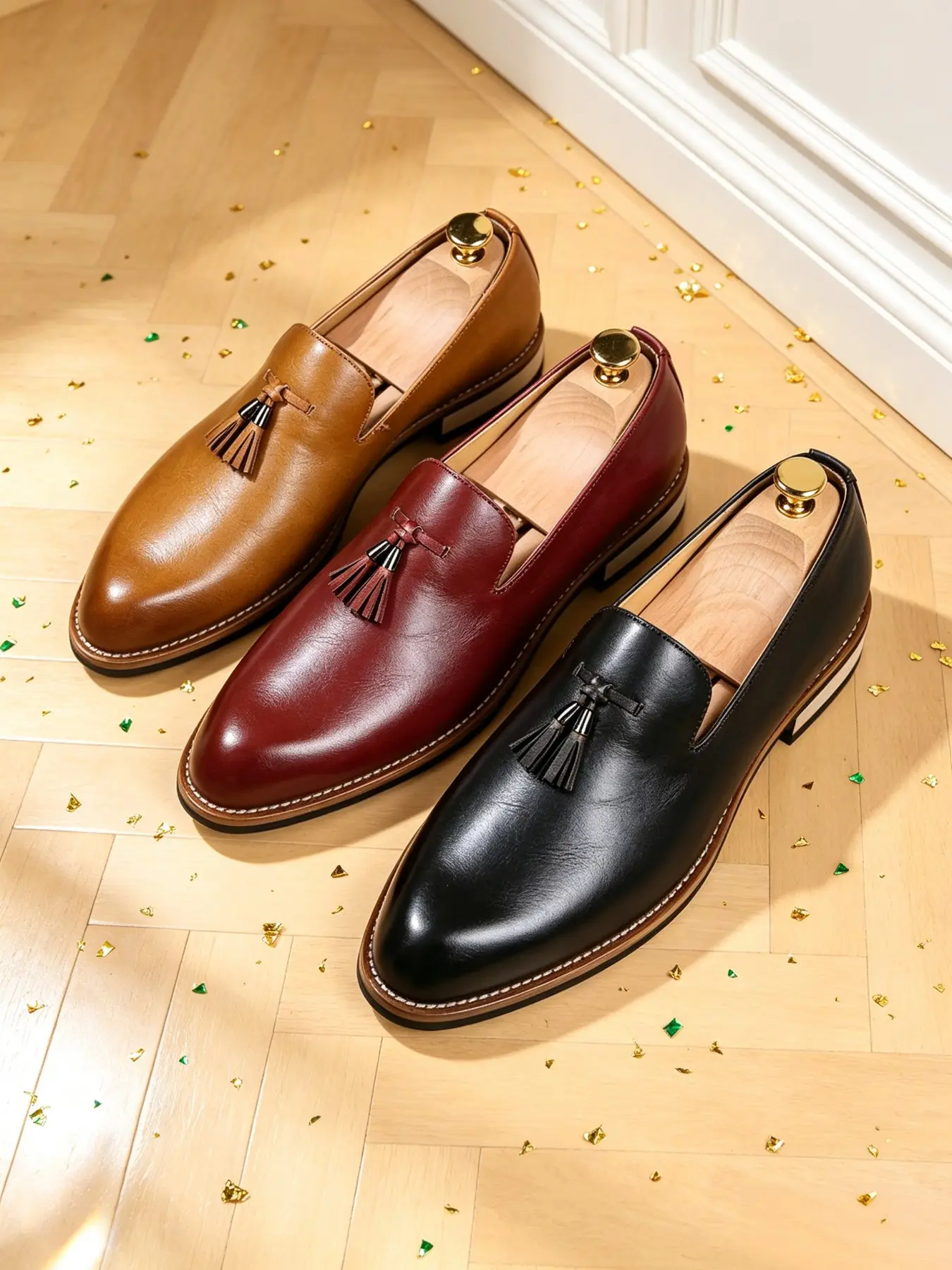 Men's Tassel Loafers Slip‑On Dress Shoes, Genuine Leather Pointed Toe Casual Business Formal Party Wedding Shoes for Men, 3 Colors Available