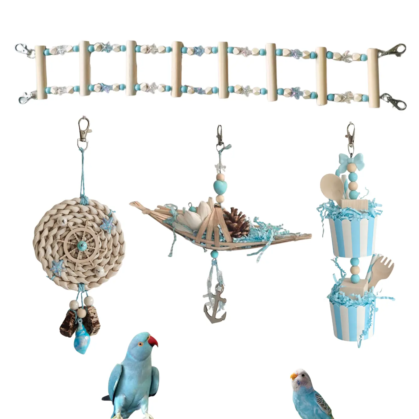 Waves & Ocean Whisper Summer Parrot Toy Set Foraging Chew & Shredding Toys for Cockatiel Conure Parakeet with Floral Decorations pet bird Colorful Rope Perch Toy