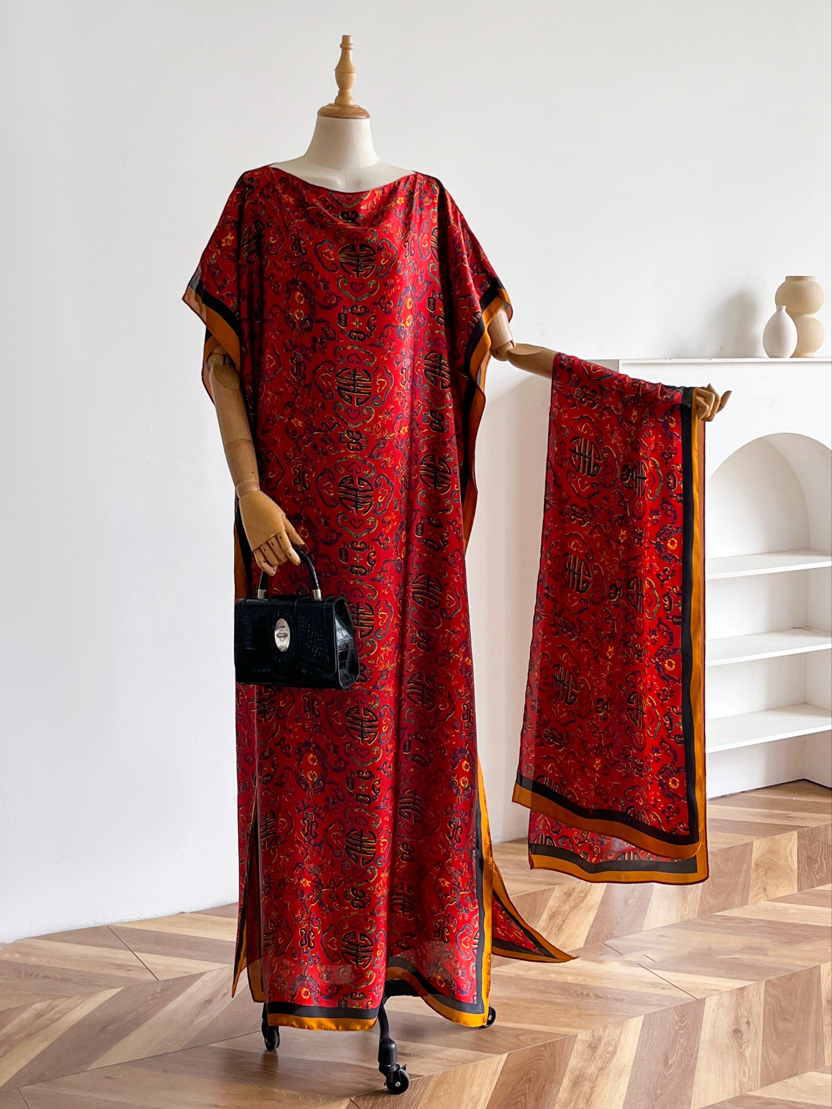 Women's Elegant Soft Cover Up Dress & Scarf Set, Casual Trendy Long Kaftan Dress & Scarf for All Seasons, Fashionable Accessories for Women