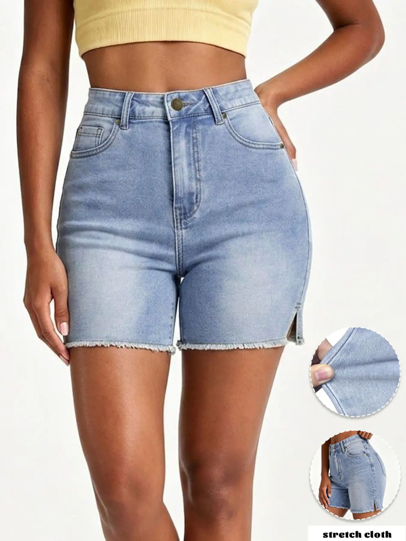 GILIPUR 1 pair of high-waist, stretchy, frayed-edge, flared-knee denim five-pocket shorts for women. European and American design, slim fit, lifts the buttocks, perfect for summer leisure, cycling, and casual wear. TChic
