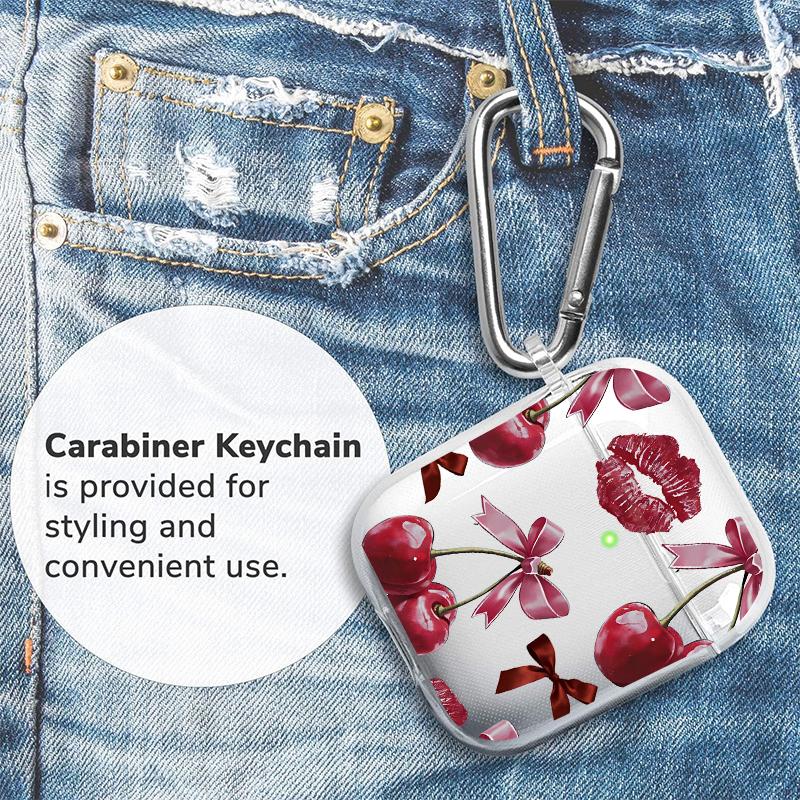 Cherry Kisses Pattern Protective Case for AirPods 4/3/2/1/Pro/Pro2 Soft TPU Earphone Cover, Transparent with Keychain
