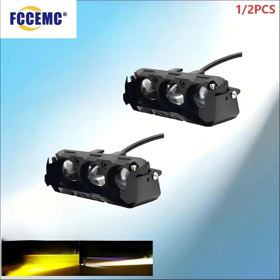 Motorcycle LED Spotlight Dual Color Hi/Low Beam Fog Lamps for Car Trucks SUV UTV 12V 24V Motorcycle Mini 3Lens Headlight Driving Light Motorcycle Headlights