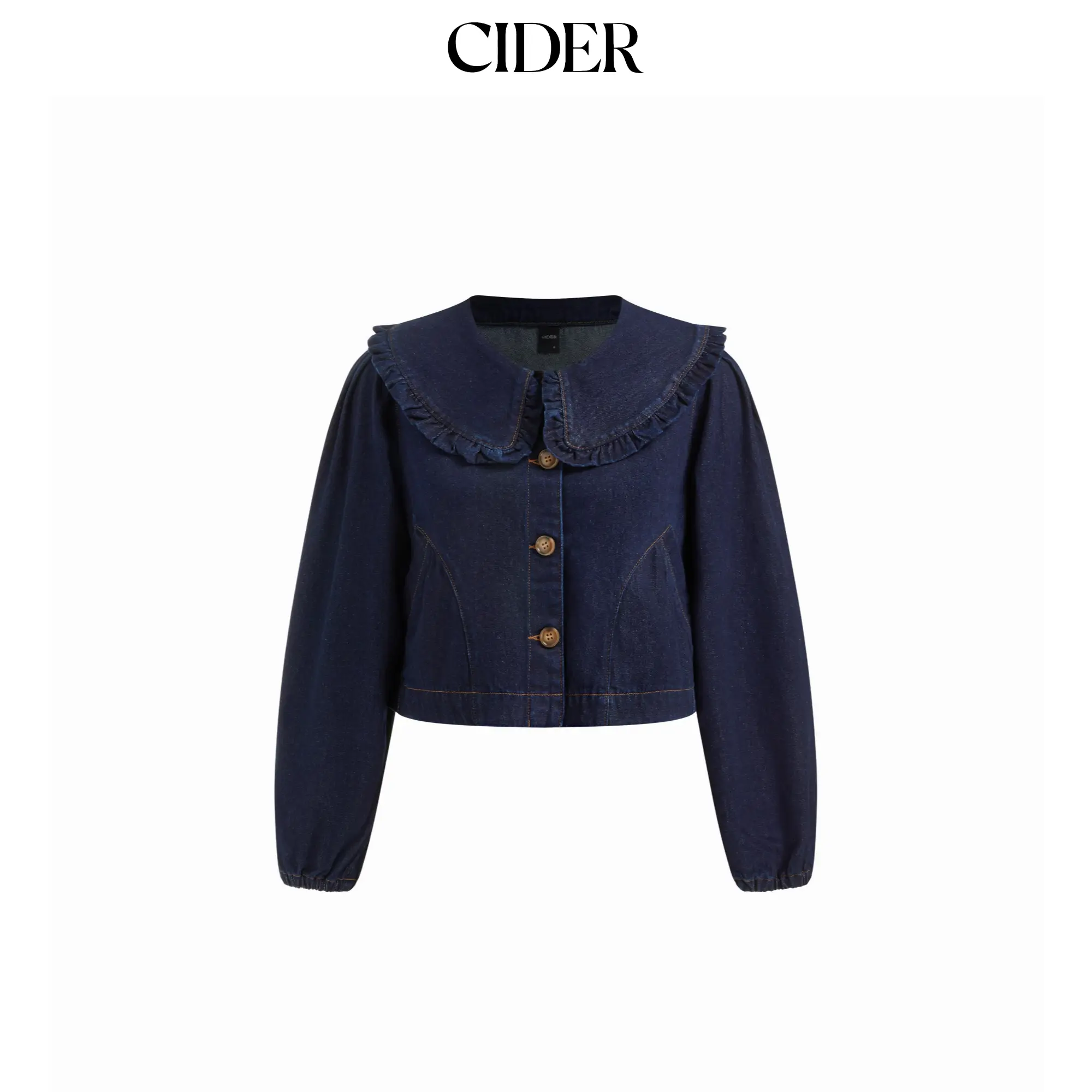 Cider Denim Peter Pan Collar Long Sleeve Lettuce Trim Oversized Jacket SohoChic