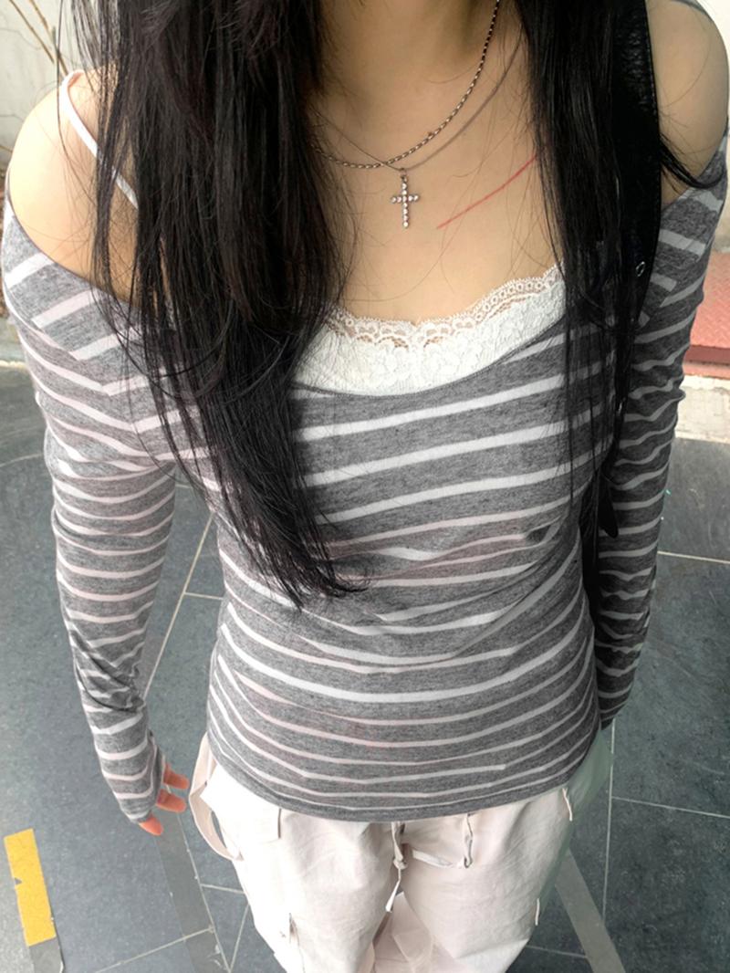 Women's Striped Print Off Shoulder Tee, Casual Chic Long Sleeve T-shirt for Daily Wear, Ladies Clothes for All Seasons