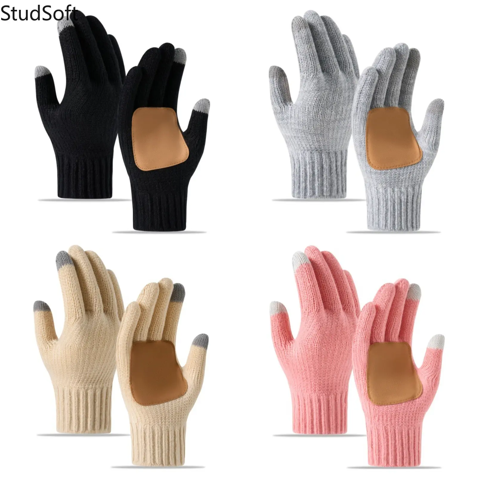1Pair Winter Knit Gloves Warm Touchscreen Mittens for Women Men 4 Colors Choice Leather Patch Anti Slip Thermal Hand Warmer Casual Outdoor Driving