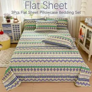 Decorative Multitone Geometric Striped Boho 3 Piece Bed Linen Set, Soft Wrinkle Resistant All Season Breathable Fitted Sheet with Matching Pillow Shams, Premium Hotel Grade Skin-Safe Printed Bedding Set