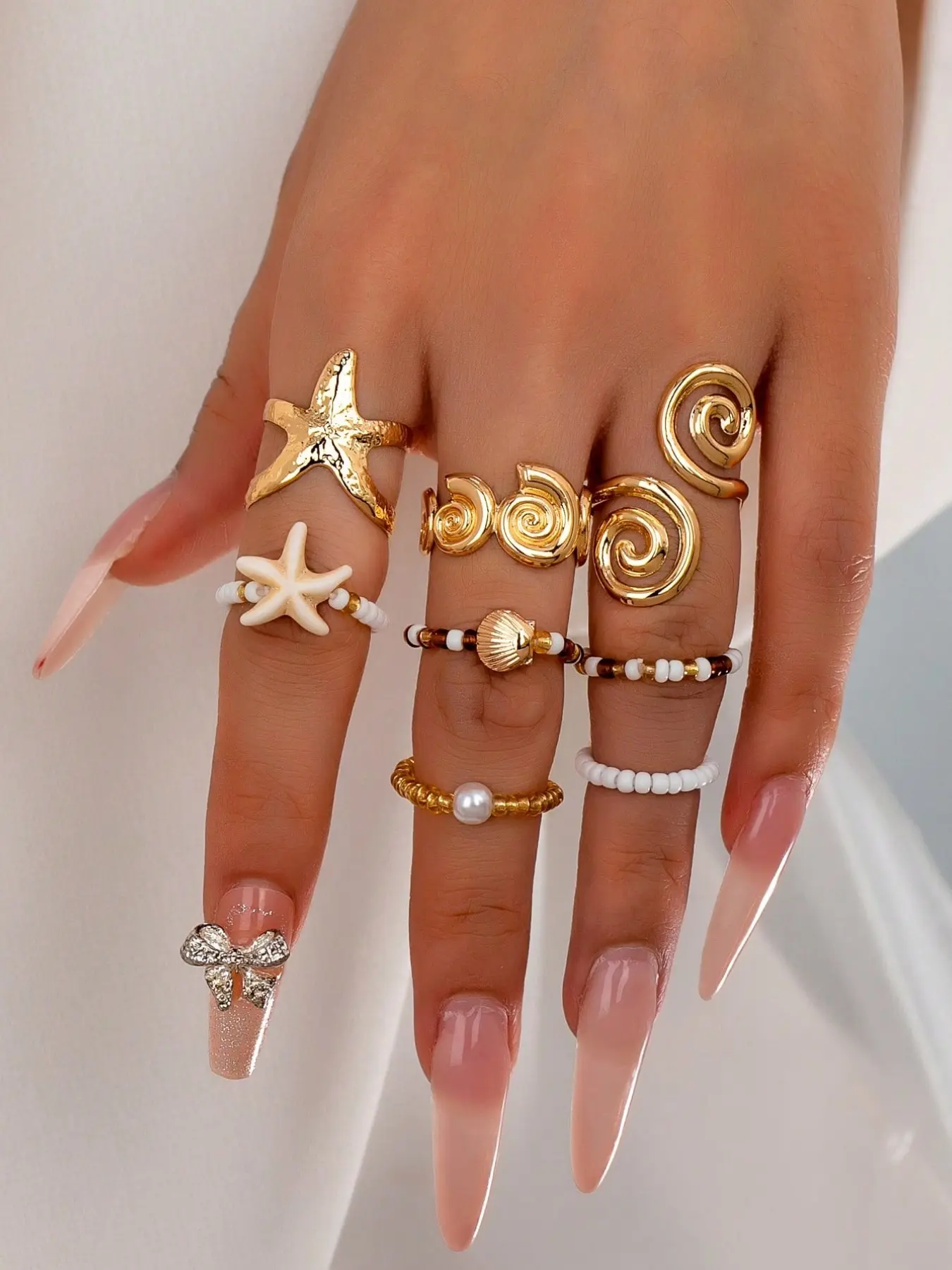 8pcs Set Ocean Beach Style Starfish Rings, Seed Bead Boho Rings, Shell Rings, Bohemian Jewelry for Vacation and Daily Wear